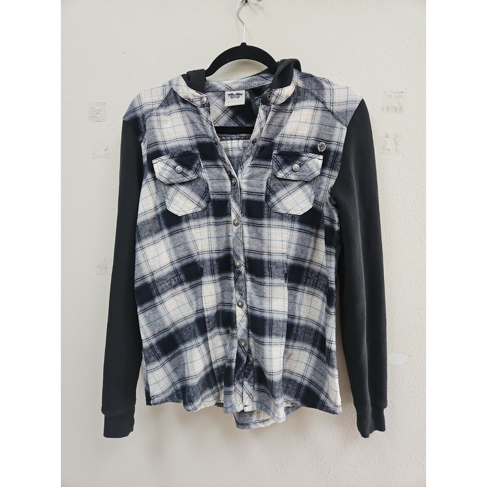 HARLEY DAVIDSON Womens Flannel Plaid Hoodie Shirt Sz Med
